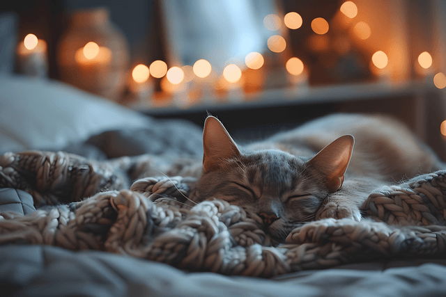 Peaceful cat sleeping on blanket symbolising relaxation, calm, and better rest through online hypnotherapy and guided sleep hypnosis
